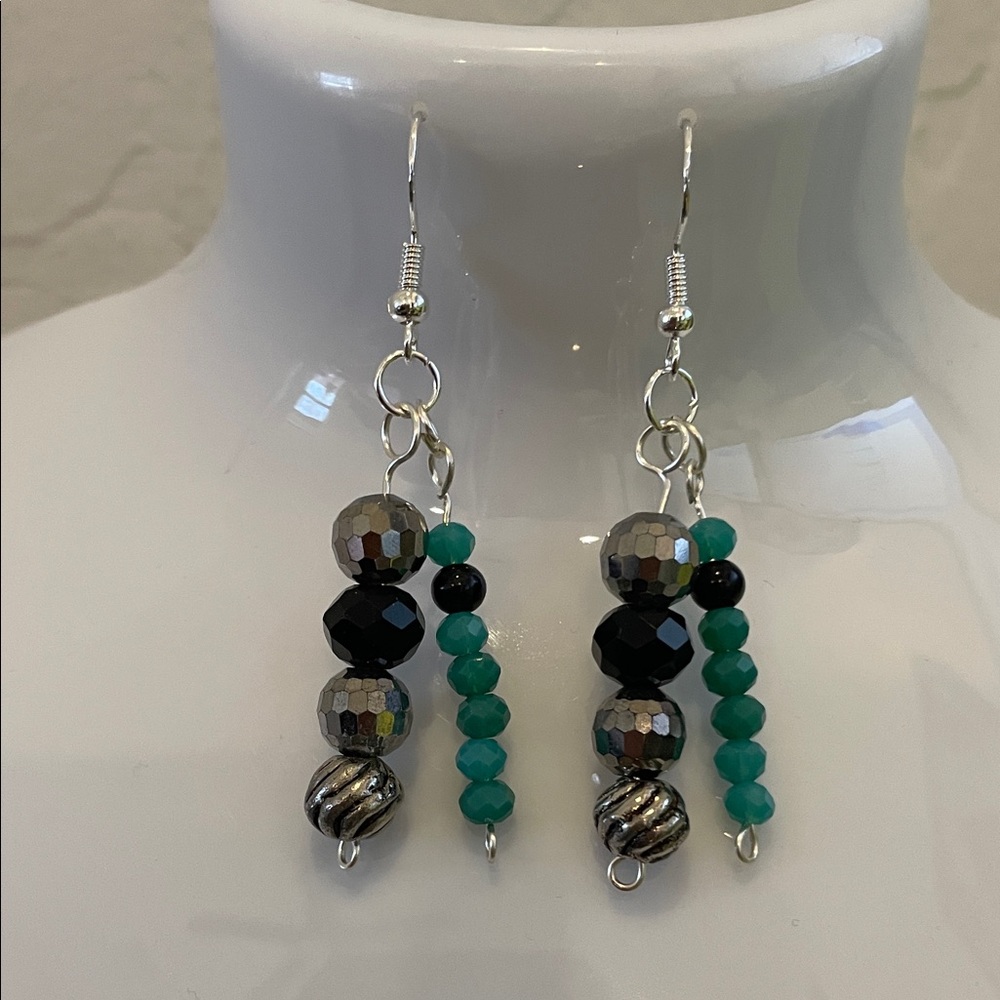 Elegant Silver and Green Beaded Earrings